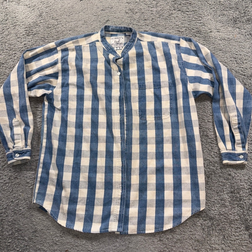 Andrews Blues Shirt Mens Medium Blue White Buffalo Check Band Collar Cotton Vtg